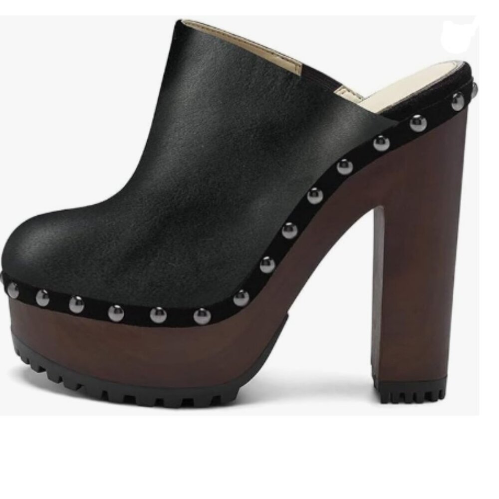 XYD Black Leather Platform Clog with Brown Wood Heel
